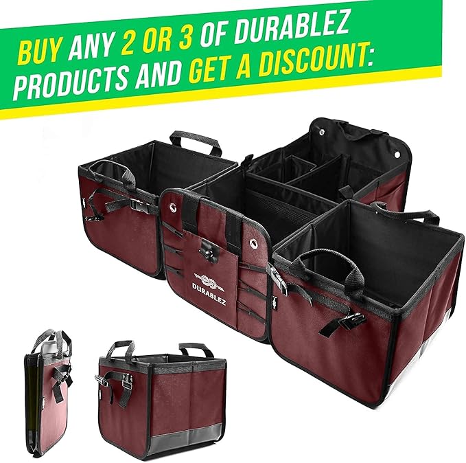 DURABLEZ 4-Section Trunk Organizer for SUV, Truck, Van, Sedan – Modular Extra Large Cargo Bin, Detachable Car Trunk Storage with Dividers, Collapsible Auto Organization System – Cherry