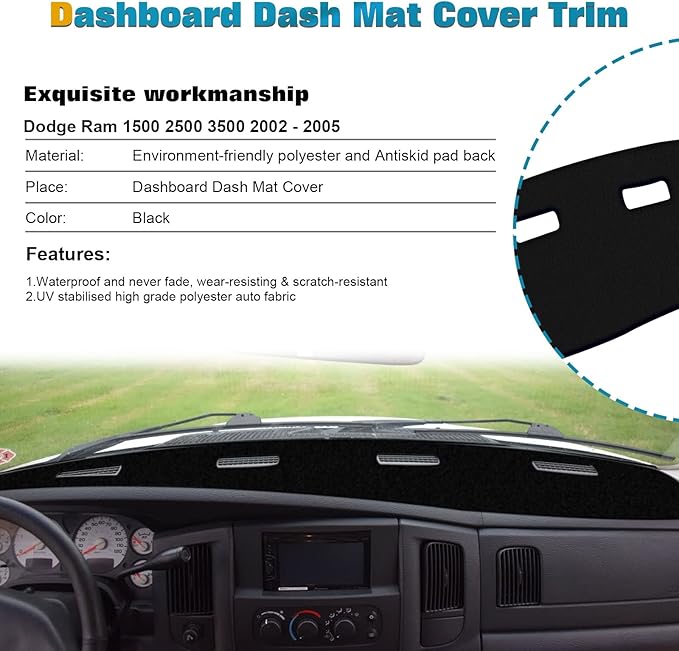 x xotic tech Dashboard Mat Cover Compatible with Dodge Ram 1500 2500 3500 2002-2005 Pre-Cut Non-Slip Sunshield Sun Glare Protector Dash Carpet Pad Black