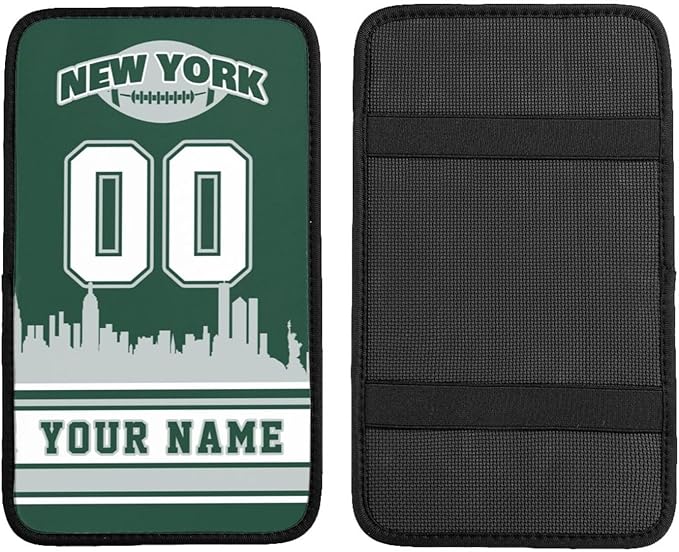 Custom New York J Car Armrest Covers Personalized Football Style with Name Number Customized Auto Center Console Pad Car Handrail Box Cushion for Most Vehicle Decor Accessories, Fans Gift