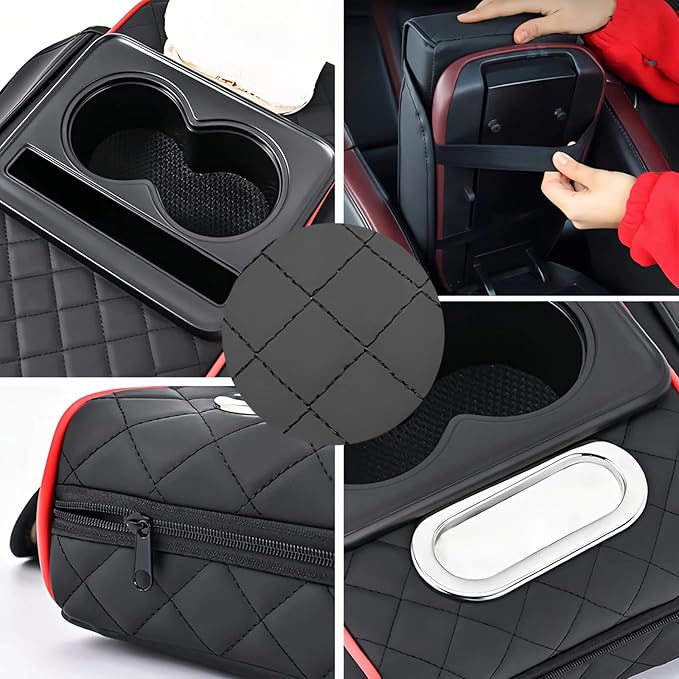 Multifunctional PU Leather Car Armrest Box Mat, 5-in-1 Multifunctional Car Armrest Cushion, Center Console Cover with 2 Cup Holder, For Storing Tissues, Phones, Wallets, Drinks, for Most Cars (Red)
