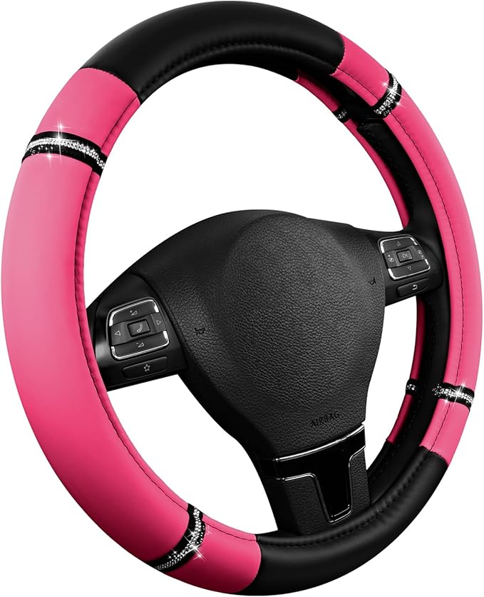 Road Comfort Leather Steering Wheel Cover – Premium Anti-Slip Car Steering Wheel Grip Cover – Universal Fit for 14.5”–15.5” Cars, Trucks & SUVs - Hotpink