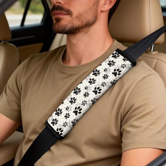 Qeluxign Paw Print Auto Seat Covers with Car Center Console Cover, Belt Cover PU Leather Breathable Full Set Bucket Seat Covers, Pack of 5, Universal Fit for Sedan,SUV