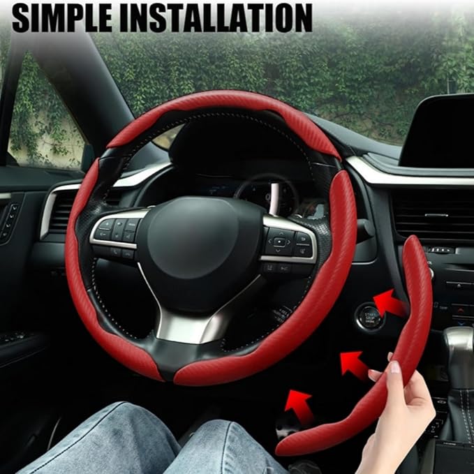 3pcs Carbon Fiber Car Steering Wheel Cover, Segmented Anti-Skid Steering Wheel Protector, Universal 99% Steering Wheel, Butterfly Steering Wheel Cover Women Men, Car Accessories Interior (Red)