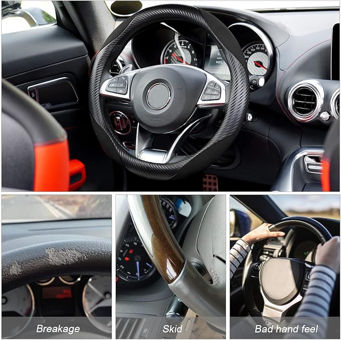 Steering Wheel Cover for Women and Men, Carbon Fiber Plush Steering Wheel Cover Soft Anti-Slip Comforting, Universal 15 Inches Steering Wheels Accessories (Carbon Fiber Black)