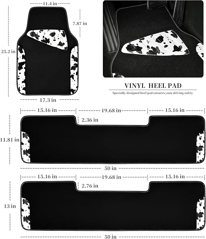 CAR PASS Waterproof Universal 3 Row Car Floor Mats, Cow Print Car Mats Fit for SUV,Vans,sedans, Trucks,Set of 3 Row Vehicles Car Carpet with Heel Pad and Nibs Backing, Cute Women Girly (Black White)
