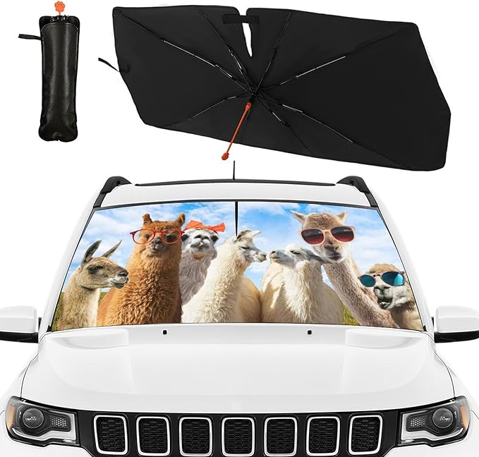DOPINDU Llama Alpaca Car Windshield Sun Shade Umbrella Bendable Handle Foldable Funny Sunshade for Car Windshield Block UV Rays Keep Vehicle Cool for Most Sedans SUV Trucks Cars 57"x30"