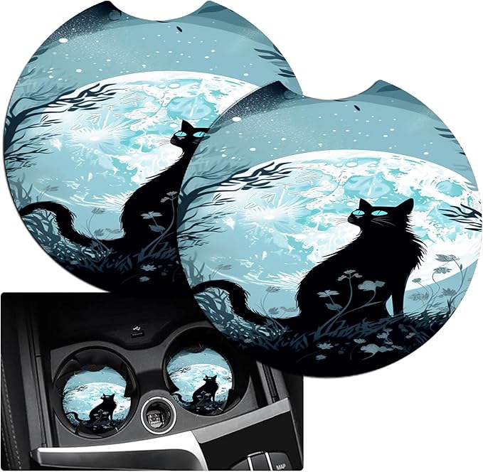 JANENFNA Car Armrest Cover Pads Universal Fashion Cute Auto Center Console Armrest Cover Pad with 2PCS Car Coasters Soft Waterproof Car Armrest Seat Protector for Women,Moon Garden Cat