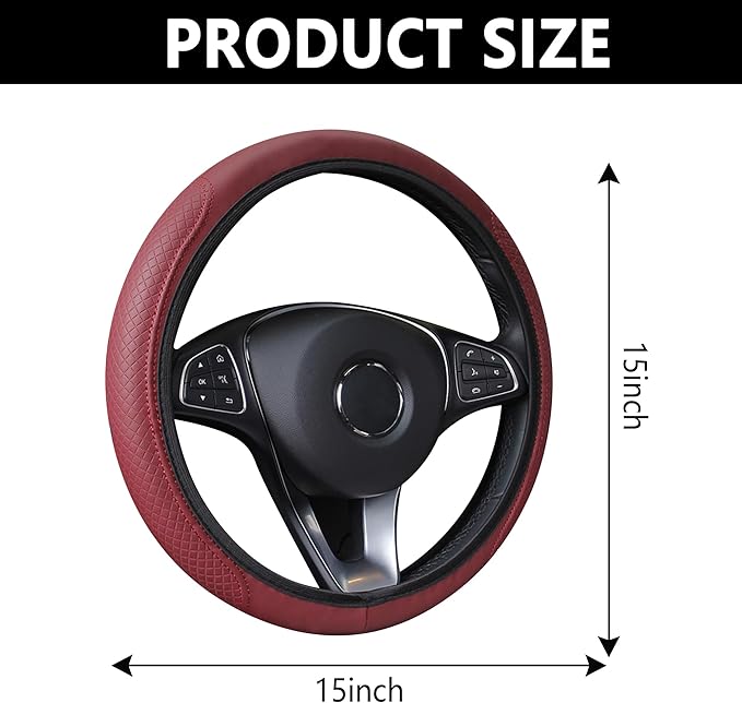 Leather Steering Wheel Cover,Anti Slip Car Steering Wheel Cover for Car Decorations & Steering Wheel Protections,Universal 15Inch Wheel Cover Car Interior Accessories for Men & Women (Burgundy)