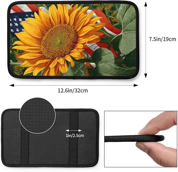 Sunflower Center Console Cover Pad, American Flag Car Armrest Seat Box Cover Cushion Universal for Most Vehicle SUV Truck, Car Interior Accessories Decor, Protect from Pet Claws & Dirt