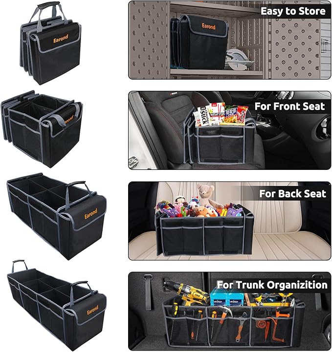 EAROND Car Trunk Organizer with Lid,Collapsible Car Storage Organizer with Multi Compartments and Securing Straps for SUV,Sedan,Jeep-Black & Grey