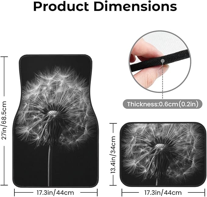 Black and White Dandelion Car Floor Mats,4 Piece, Car Rug Durable Anti-Slip Waterproof Trim to Fit Liner Universal Fit Auto,Sedan,SUV,Truck