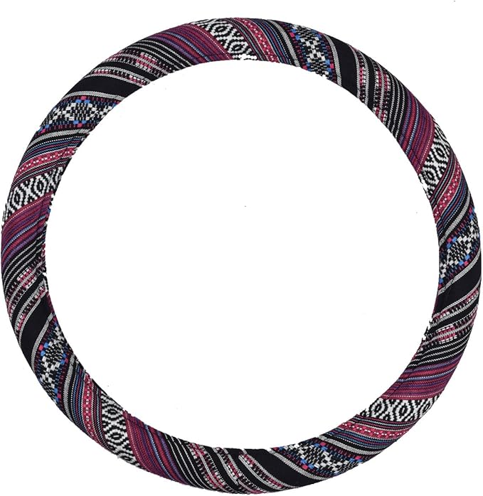 CAR PASS Boho Steering Wheel Cover, Ethnic Flax Cloth Universal Steering Wheel Cover,Anti-Slip Design, Fit 14.5-15 inches for Vehicles,Cars,SUV,Vans