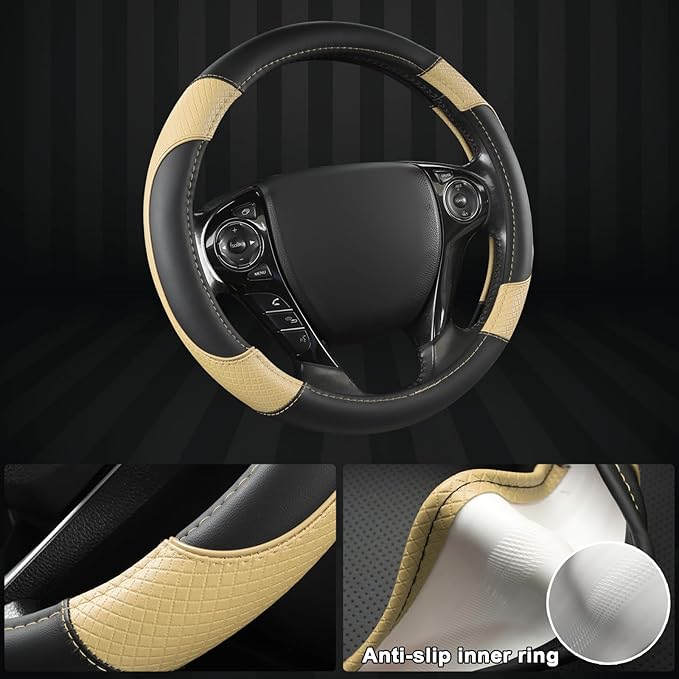 GIANT PANDA Microfiber Leather Steering Wheel Cover for Honda Accord,Civic,CR-V,HR-V,Pilot(Diamond-Pattern-Black+Beige-Standard Size)