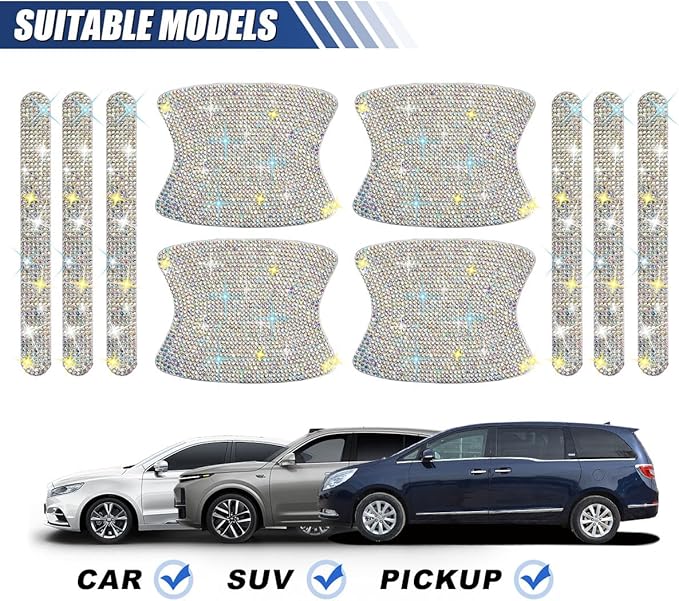 10PCS Bling Car Door Handle Protector, Crystal Rhinestone Anti-Scratch Car Bowl Decoration Sticker Decal, Universal Auto Exterior Door Protective Covers Accessories for Women (Colorful)