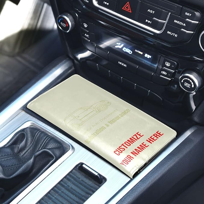 Caihoyu Custom Car Registration and Insurance Card Holder Personalized Leather Glove Box Organize Men Women Wallet Accessories Case for Cards, Essential Document Driver License Beige