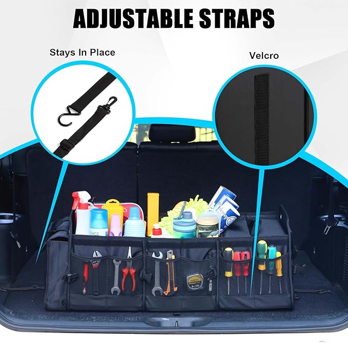MOJIOO Large Trunk Organizer for Car, SUV, Truck with Removable Cooler Bag-Collapsible Multi Compartments w/Foldable Cover, Non Slip Bottom Cargo Storage (Black)