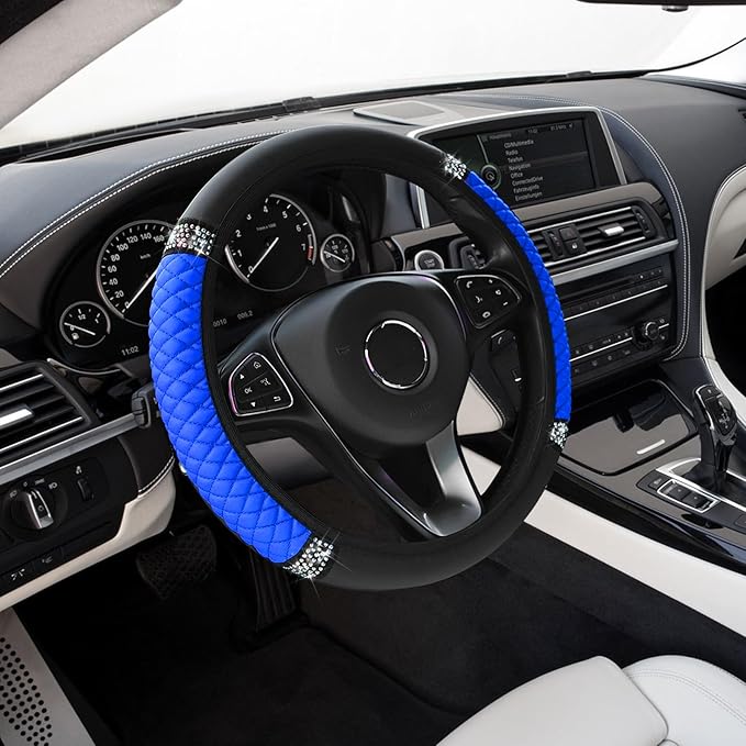 Bling Soft Leather Steering Wheel Cover, Anti-Slip Car Steering Wheel Protector, 15 Inch Rhinestones Soft Leather Elastic Steering Wheel Protector for Women Girls, Car Accessories for Most Cars