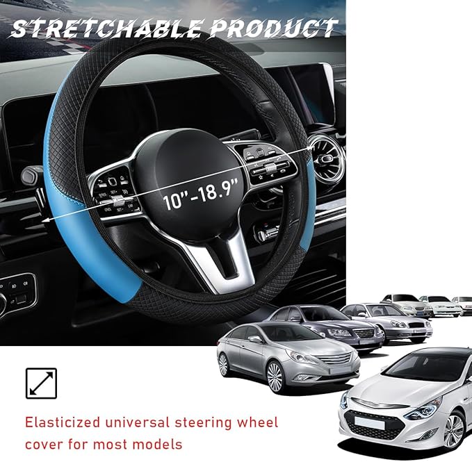 Car Steering Wheel Cover, 15 Inch Leather Breathable Auto Steering Wheel Protector, Comfortable Non-Slip Vehicle Steering Wheel Covers, Universal Interior Car Accessories (Black+Blue, AD)