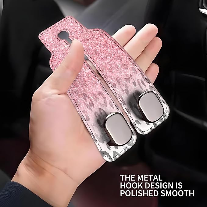 NUGGHU Car Seat Headrest Hook, Universal Leather Cute Hanger Holder Hook, Storage Organizer Interior Accessories for Purse Bags Handbag Pink Glitter Leopard