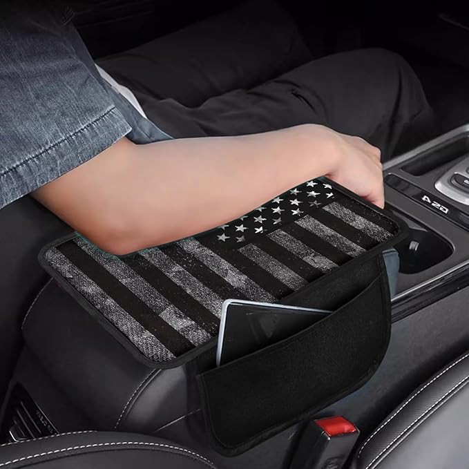 Boatee USA Flag Center Armrest Cover Dust-Proof Armrest Cover for Car Armrest Storage Box Mat Console Cover Automotive Armrests Comfortable Interior Protection with Pockets Black