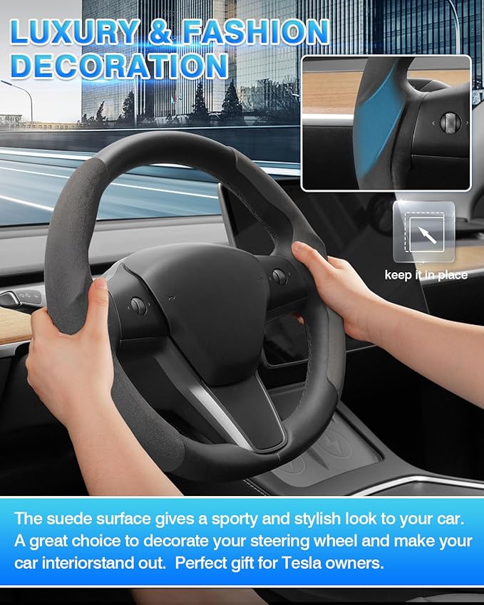 Shademax Custom-Fit for Tesla Steering Wheel Cover, Tesla Model Y / 3 2017-2025 2026 (Fit Model Y Juniper 2026/ Model 3 Highland) Suede Steering Wheel Cover Protector Model Y/ 3 Accessories (Gray)