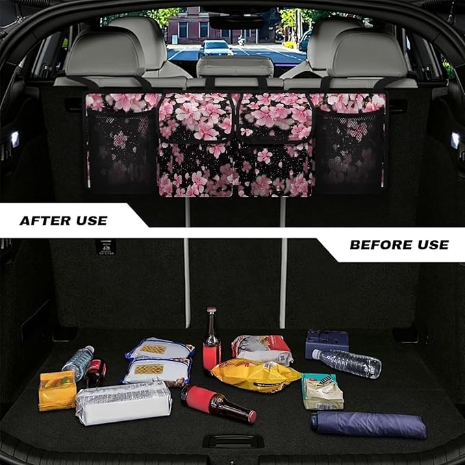 Car Trunk Organizer with 4 Pockets, Cherry Blossom Car Storage Organizer Oxford Cloth (37.01"*11.8") Portable Car Storage Bag with 4 Pocekt, Hanging Car Organizer for SUV/MPV/Truck/Van/Sedan