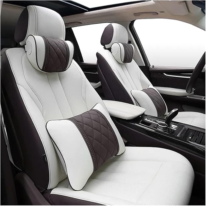 Car seat headrest Leather Car Fit for Seat Rest Cushion Headrest Car Neck Pillow Fit for BMW (Color : Beige Coffee)