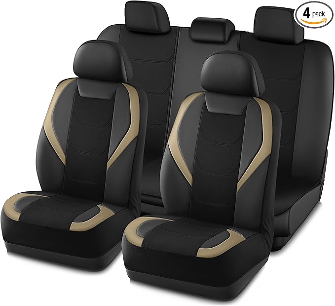Road Comforts Car Seat Cover Full Set, Leather Mesh Seat Covers, Airbag Compatible, Universal Fit for Most Cars, SUVs, Trucks, and Vans - Beige