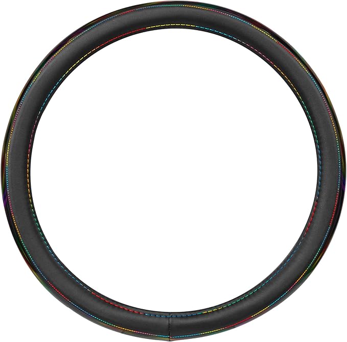 BDK Cute Iridescent Black Steering Wheel Cover for Women, Standard 15 inch Size, Sparkle Faux Leather Car Steering Wheel Cover for Truck Van SUV Auto