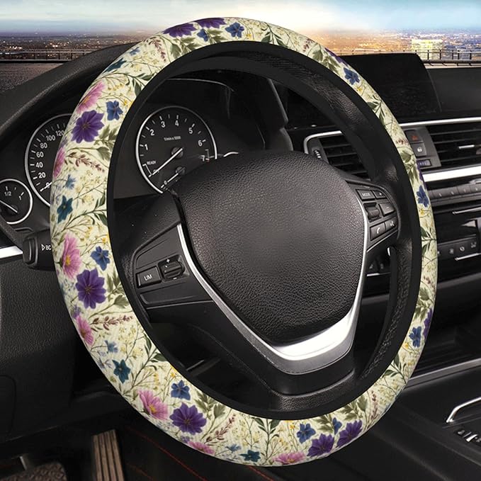 Wildflower Yellow Purple Steering Wheel Cover For Women Men Universal Car Interior Accessories Decor Thickened Anti-Slip Auto Steering Wheel Covers Protector Fit 15 Inch For Cars Truck Suv