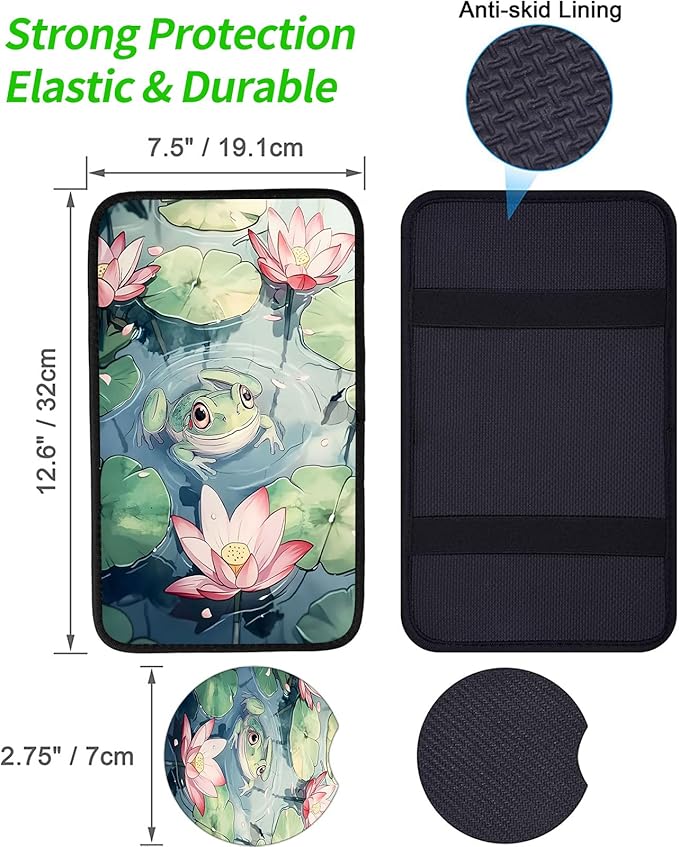 JANENFNA Car Armrest Cover Pads Universal Fashion Cute Auto Center Console Armrest Cover Pad with 2PCS Car Coasters Soft Waterproof Car Armrest Seat Protector for Women,Cute Frog in Pond