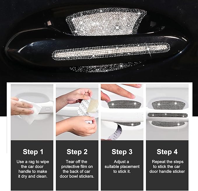 BetterJonny 10PCS Crystal Car Door Handle Scratches Protector, Rhinestone Car Door Handle Stickers Bling Car Door Handle Scratch Protector Stickers for Women and Girls Car Stickers (Black White)