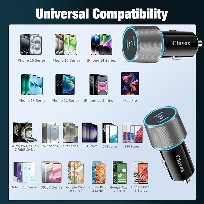 6 Pack USB C Car Charger, 40W Fast Charging for iPhone 17/16 Pro Max/Plus/16 SE/15, Samsung Galaxy S25 Ultra/S24/S23/S22/A16/A15/A55, Pixel 10, Dual 20W Type C Port Cigarette Lighter Adapter- Grey