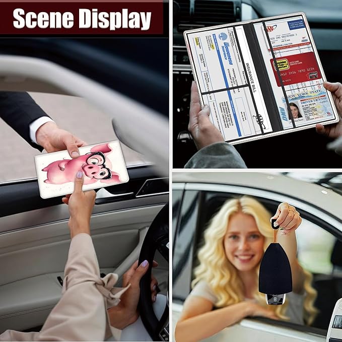 Car Document Holder with Magnetic Shut, Car Registration and Insurance Card Holder, Vehicle Glove Box Organizer Documents, Driver License, Auto Paperwork Organizer Wallet, Pink Cute Pig Pattern