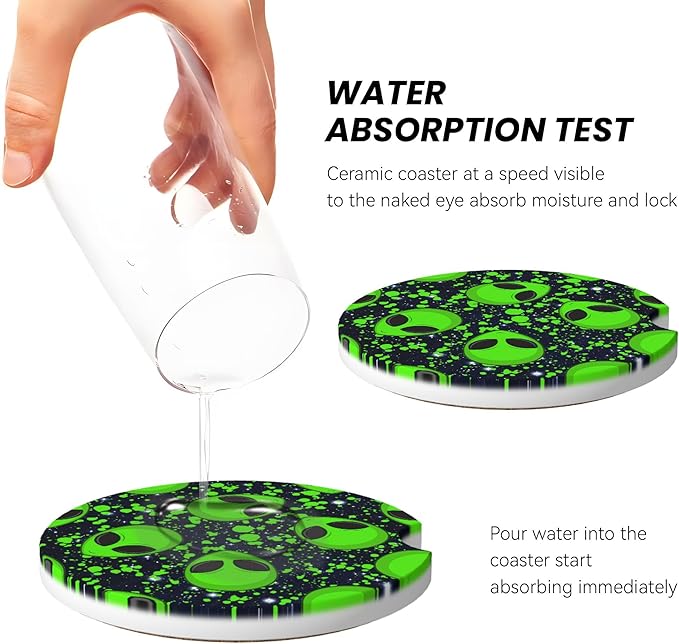 HUWAAI Alien Glaxy Sky Green Car Cup Holder Coasters 2 Pack Universal 2.63 Inch Anti Slip Ceramic Absorbent Coaster with Cork Base and Finger Notch Cute Car Accessories Interior for Women