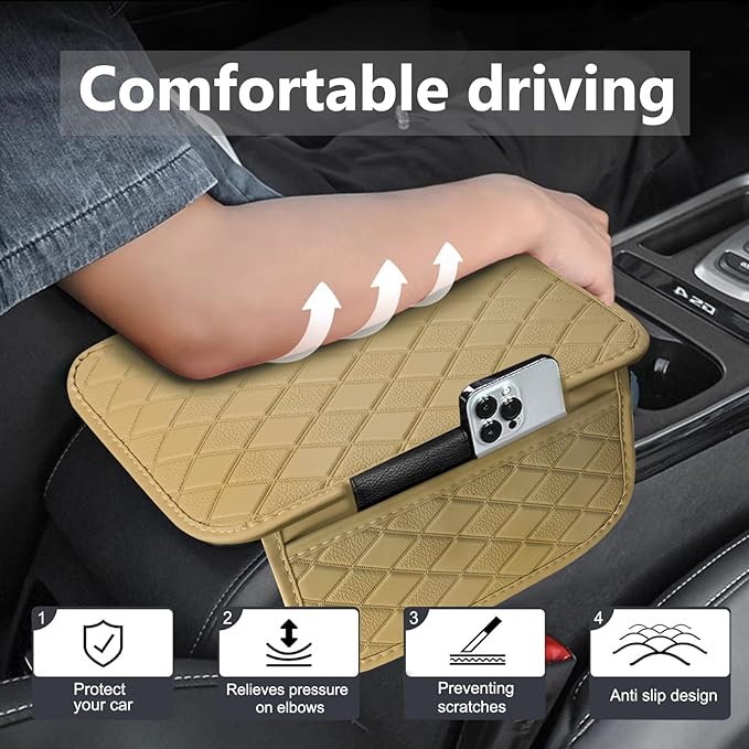 Center Console Cover Universal Armrest Cover with 2 Storage Bags Leather Car Middle Console Cover Arm Rest Cover for Car Interior Accessories Protector for Most Vehicle