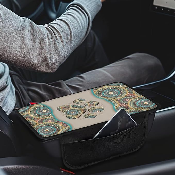 BIGCARJOB Boho Paw Print Car Center Console Cover with Side Storage Cute Paw Print Center Console Armrest Cover Auto Center Console Cover Pad,Universal for Most Cars, Trucks, SUVs