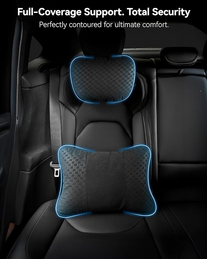 3W Headrest Pillow for Driving with Bio-Fleece Filling, Breathable Suede Cover, Ergonomic Design for Pain Relief, Cushion with Adjustable Strap for Car Automative, Black