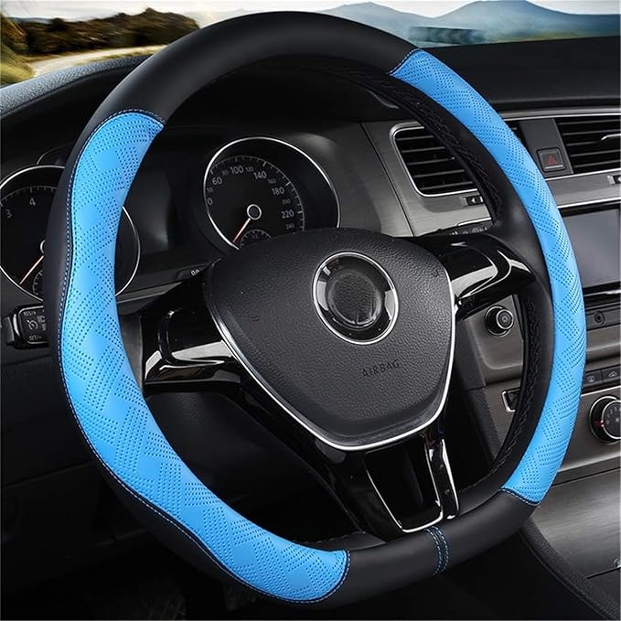 D Cut Steering Wheel Cover, Universal Microfiber Leather Breathable Flat Bottom Steering Wheel Cover Sports Style, 15 inch/ 38cm, Blue