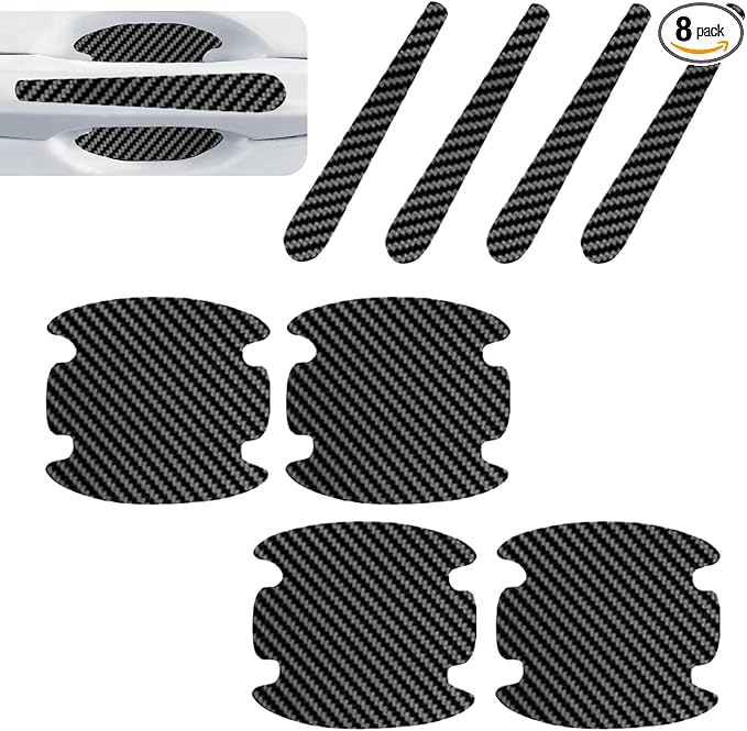 8 PCS Car Door Bowl and Handle Scratch Protectors, Anti-collsion Carbon Fiber Paint Protection Film, Sporty Decorative Sticker, Self-Adhesive Waterproof Exterior Strip (Carbon Fiber Black)