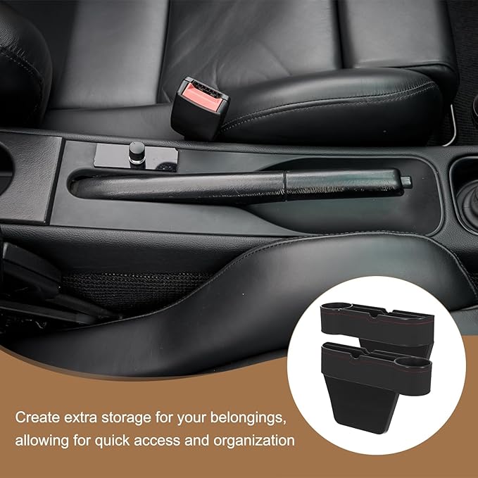 HARFINGTON 2pcs Car Seat Gap Filler Organizer 10.6 x 7.1 x 2.8 Inch ABS+Leather Universal Car Organizer Storage Box Between Seat and Console (Left+Right) with Cup Holders for Phone, Black
