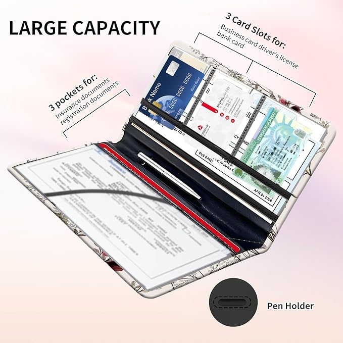 BAUCIWLD Premium Car Registration and Insurance Card Holder, Cute PU Leather Car Document Holder, Vehicle Glove Box Car Organizer with Magnetic Closure for Driver License, Cards Vintage Red Florals