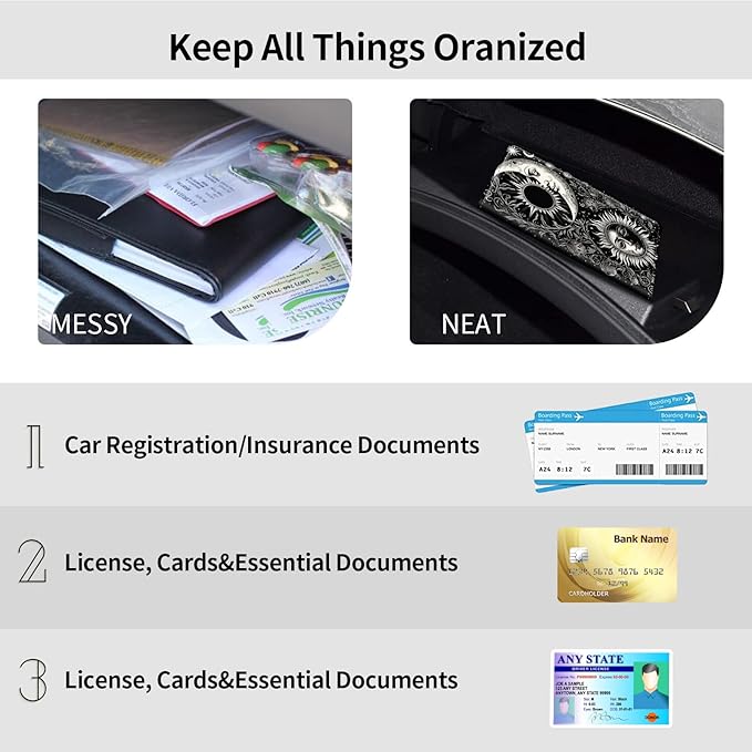 Car Registration and Insurance Holder, Leather Car Glove Box Organizer, Cool Car Accessories for ID, Driver's License Cards & Essential Document, business cards, Men&Women,Soon Moon Stars Black