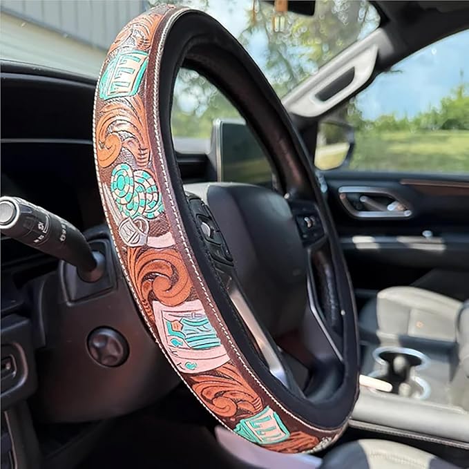Western Steering Wheel Cover 14.5–15" – Retro Tooled Leather Pattern, Universal Anti-Slip Car Accessories for Trucks SUVs Cars, Boho Cowgirl/Cowboy Gift (A)