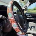 Western Steering Wheel Cover 14.5–15" – Retro Tooled Leather Pattern, Universal Anti-Slip Car Accessories for Trucks SUVs Cars, Boho Cowgirl/Cowboy Gift (A)