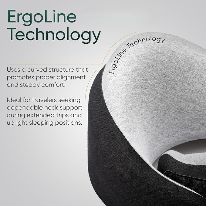 Proglobe Luxe Memory Foam Travel Neck Pillow for Airplanes, Ergonomic 360° Support with Soft Chin Support, Organic Cotton Cover, Compact Compression Bag, Charcoal Black