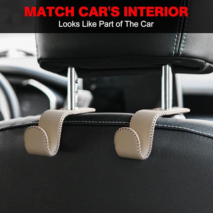 AMVOYOA U-Shaped Car Leather Hooks – Car Purse Holder, Headrest Hooks for Car, Back Seat Organizer - Elevate Your Travel Experience!(Beige)