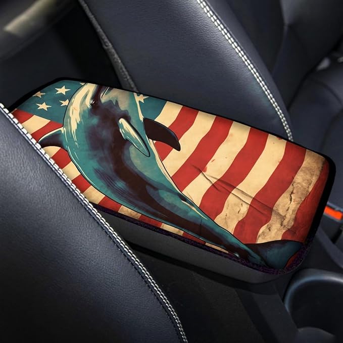 Car Center Console Pad, Universal Waterproof Car Armrest Seat Box Cover, Car Interior Accessories for Most Vehicle SUV Truck Vintage American Flag Dolphin Car Armrest Pad