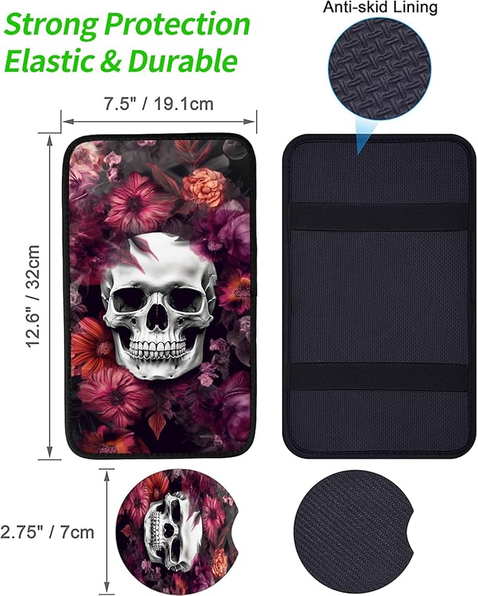 JANENFNA Car Armrest Cover Pads Universal Fashion Cute Auto Center Console Armrest Cover Pad with 2PCS Car Coasters Soft Waterproof Car Armrest Seat Protector for Women,Skull Red Flowers
