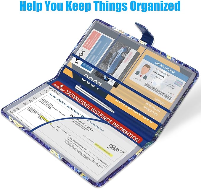 DMLuna Car Registration and Insurance Holder, Leather Vehicle Card Document Glove Box Organizer, Auto Truck Compartment Accessories for Essential Information, Driver License Cards, Starry Night